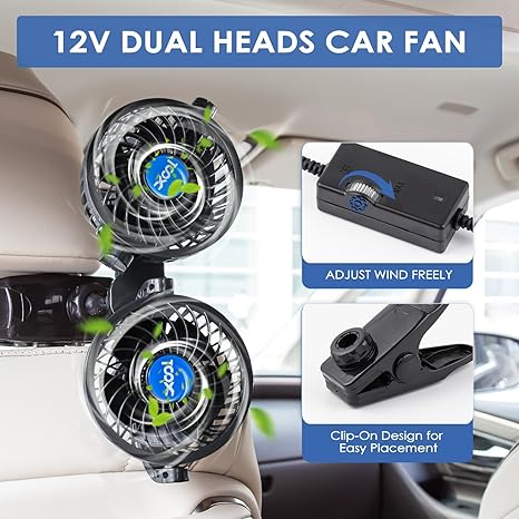 Dual Head 360° Rotating USB Fan – Ultra-Quiet Air Circulator for Car, Truck, Home & Office