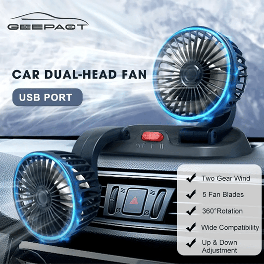 Dual Head 360° Rotating USB Fan – Ultra-Quiet Air Circulator for Car, Truck, Home & Office